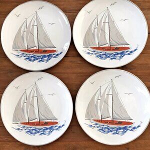 Pottery Barn Regatta Lakehouse Enamelware Sailboat Salad Plates 8”